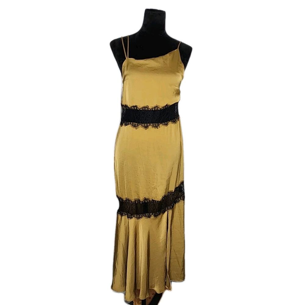 Zara Satin Contrast Slip Camisole Midi Dress Sheer Lace Panel Olive green Xs - Picture 2 of 11
